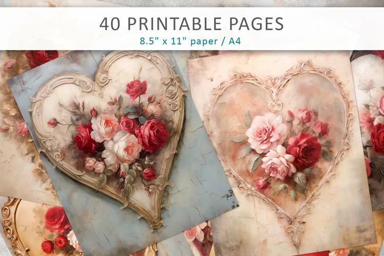 Vintage Heart Journal Pages, Grunge digital paper