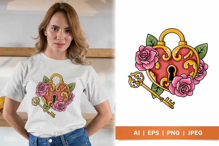 Vintage Heart Lock and Key with Pink Roses