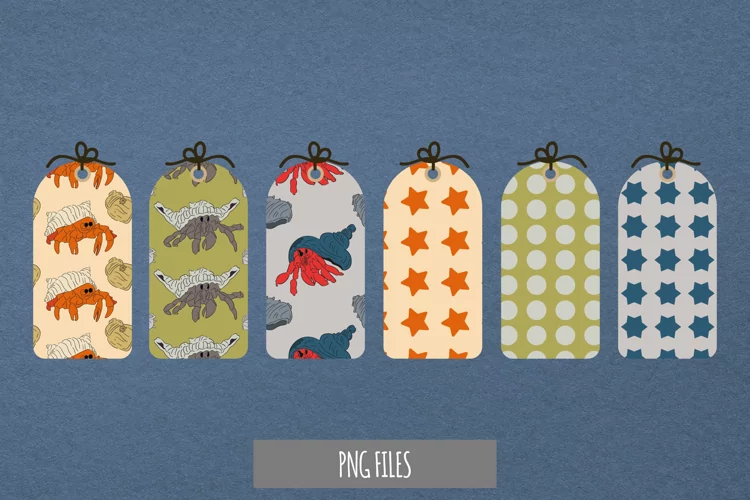 Vintage Hermit Crab Seamless Pattern Shaped Tags
