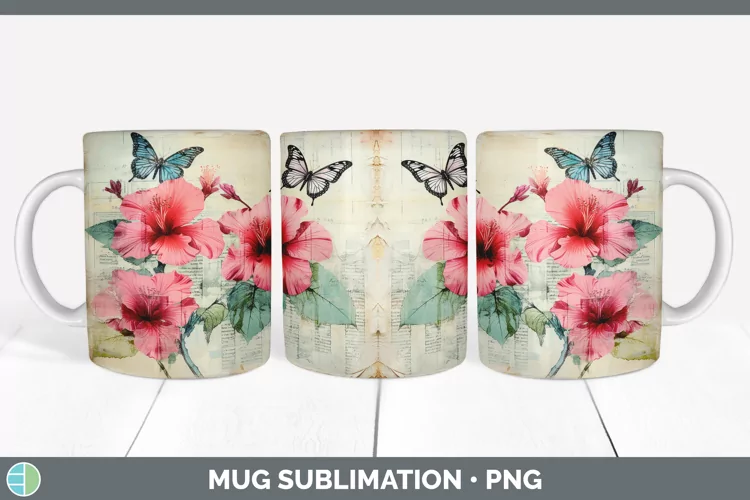 Vintage Hibiscus Flowers Mug Wrap | Sublimation Coffee Cup D