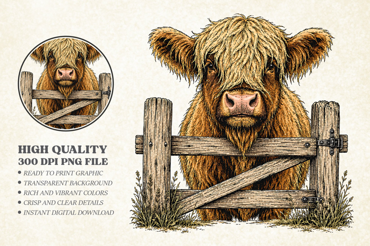 Vintage Highland Cow Fence Design PNG, Farmhouse Design