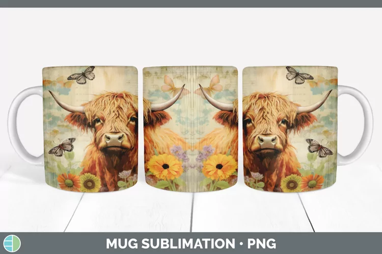 Vintage Highland Cow Mug Wrap | Sublimation Coffee Cup Desig