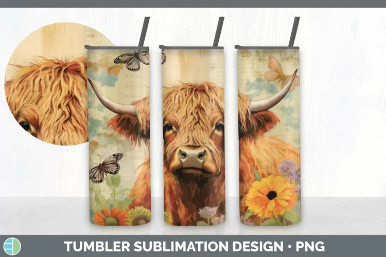 Vintage Highland Cow Tumbler | Sublimation 20 oz Skinny Tumb