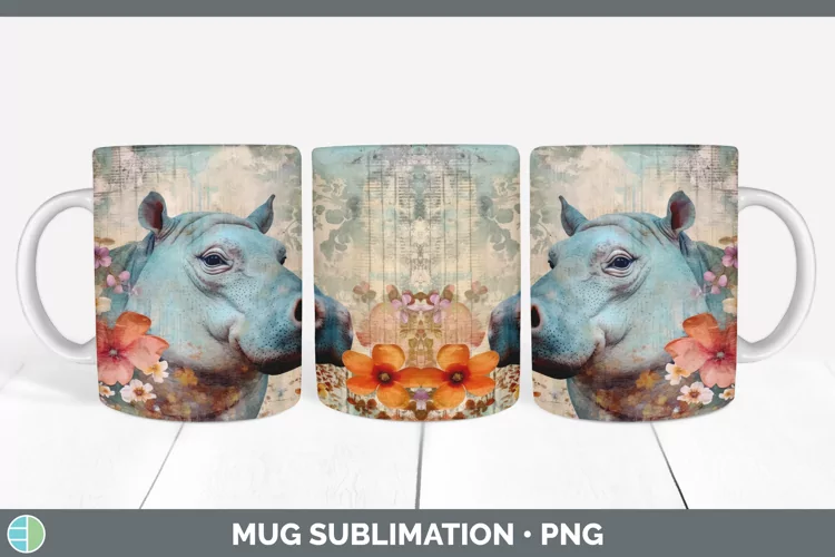 Vintage Hippo Mug Wrap | Sublimation Coffee Cup Designs