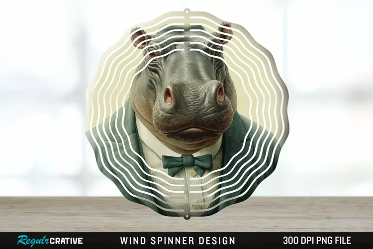 Vintage Hippo Wind Spinner Sublimation Design PNG