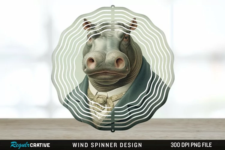 Vintage Hippo Wind Spinner Sublimation Design PNG