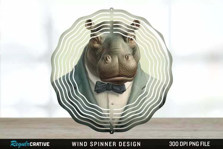 Vintage Hippo Wind Spinner Sublimation Design PNG
