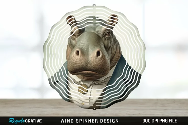 Vintage Hippo Wind Spinner Sublimation Design PNG