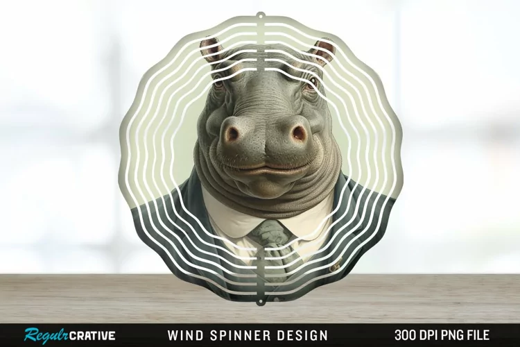 Vintage Hippo Wind Spinner Sublimation Design PNG