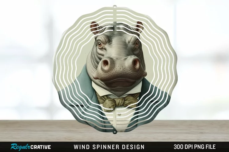 Vintage Hippo Wind Spinner Sublimation Design PNG