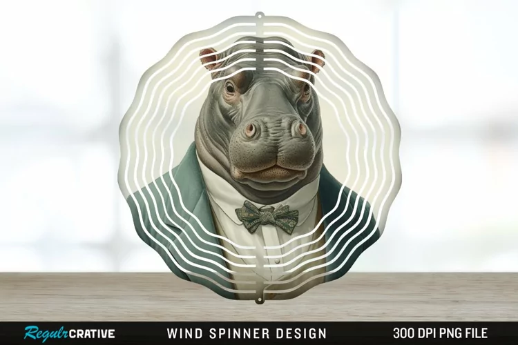 Vintage Hippo Wind Spinner Sublimation Design PNG