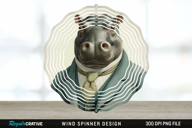 Vintage Hippo Wind Spinner Sublimation Design PNG