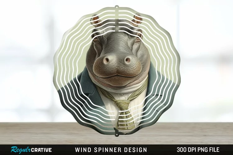 Vintage Hippo Wind Spinner Sublimation Design PNG