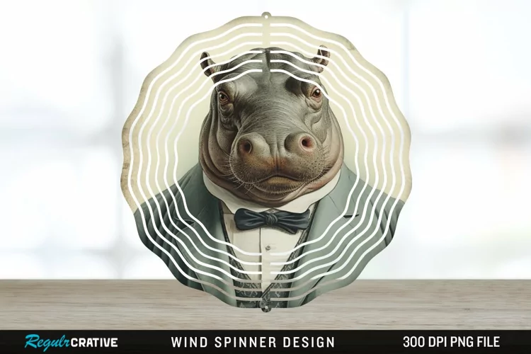 Vintage Hippo Wind Spinner Sublimation Design PNG