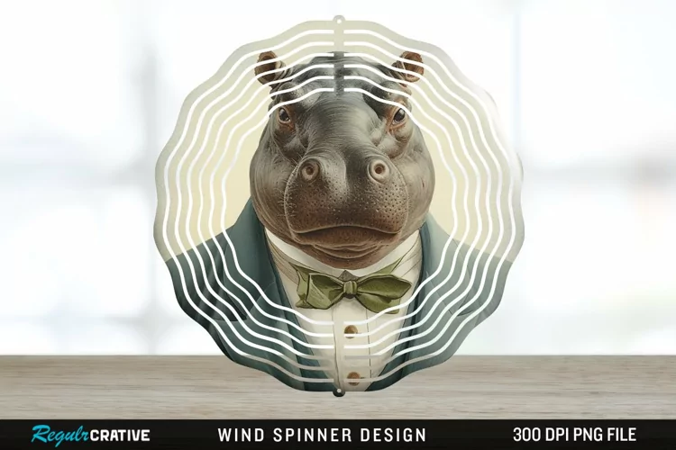 Vintage Hippo Wind Spinner Sublimation Design PNG