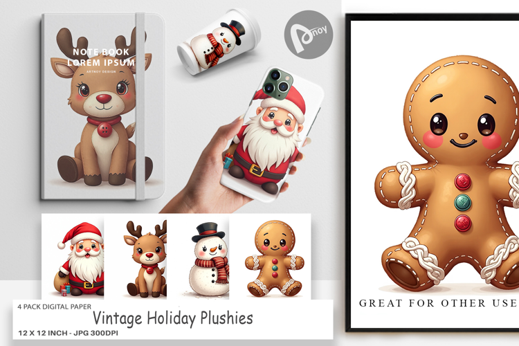 Vintage Holiday Plushies Digital Paper