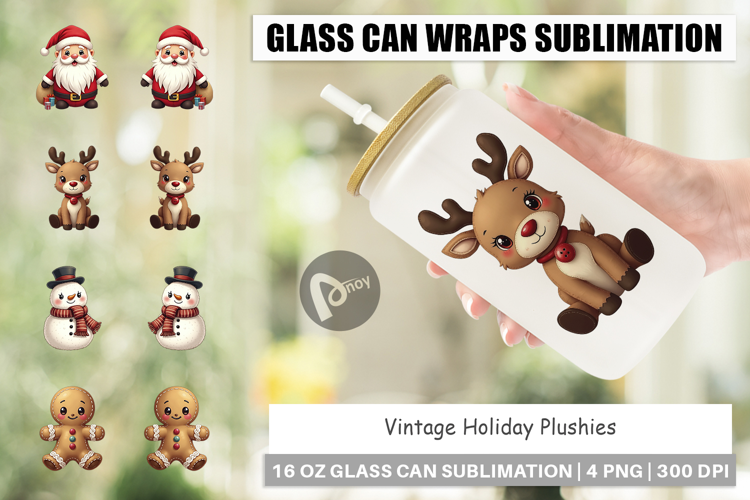 Vintage Holiday Plushies Glass Can