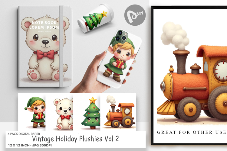 Vintage Holiday Plushies Digital Paper
