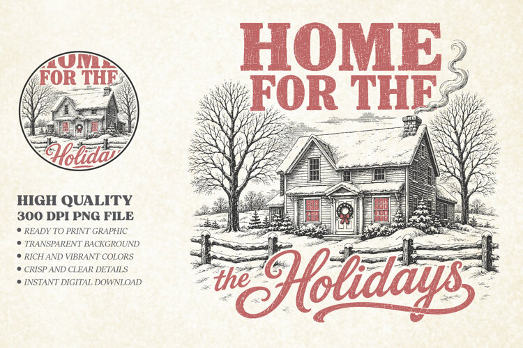 Vintage Home For The Holidays Design PNG, Christmas House example image 1