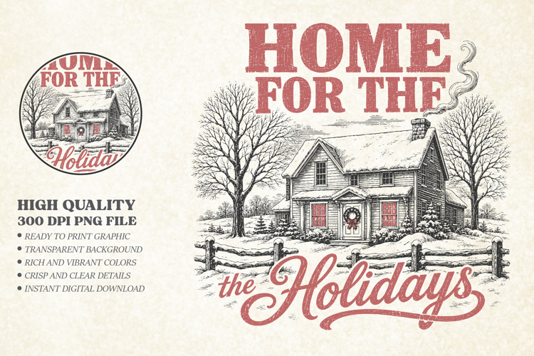Vintage Home For The Holidays Design PNG, Christmas House