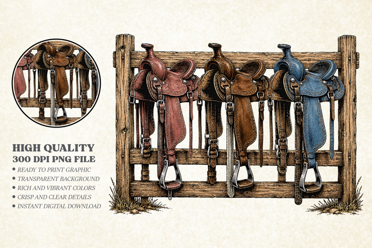 Vintage Horse Saddles PNG Graphic, Cowboy Western PNG