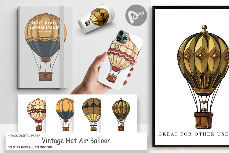 Digital Paper Vintage Hot Air Balloon