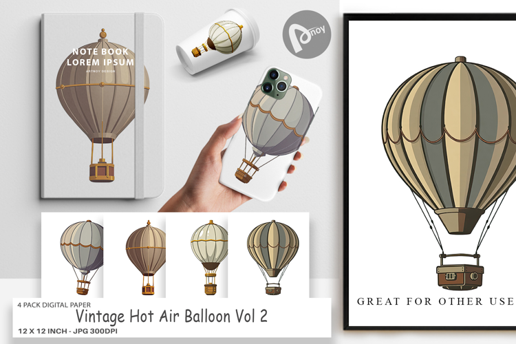 Digital Paper Vintage Hot Air Balloon