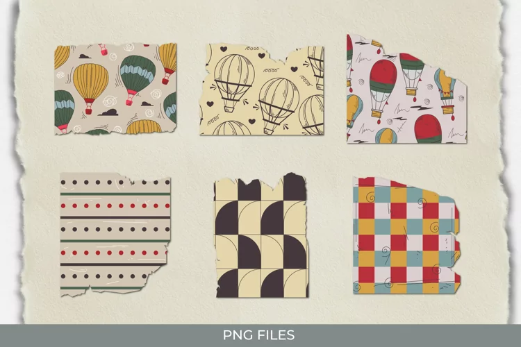 Vintage Hot Air Balloons Seamless Pattern Torn Paper