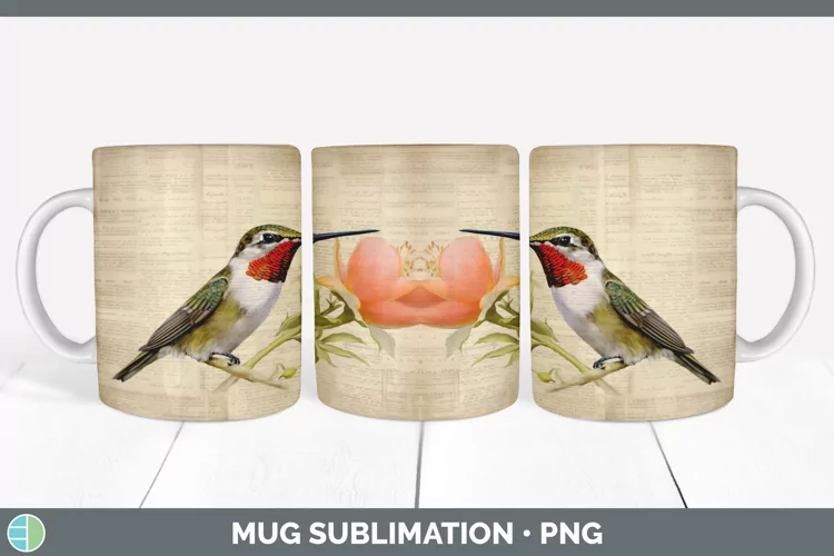Vintage Hummingbird Bird Mug Wrap | Sublimation Coffee Cup D