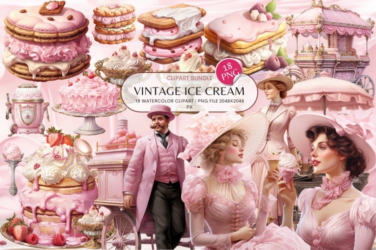 Vintage & Charm Ice Cream illustrations Bundle, 18 Png example image 1