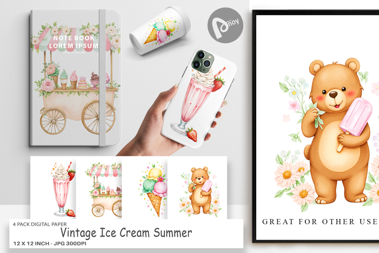 Digital Paper Vintage Ice Cream Summer