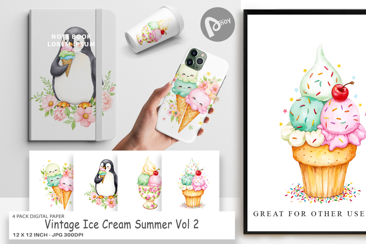 Digital Paper Vintage Ice Cream Summer