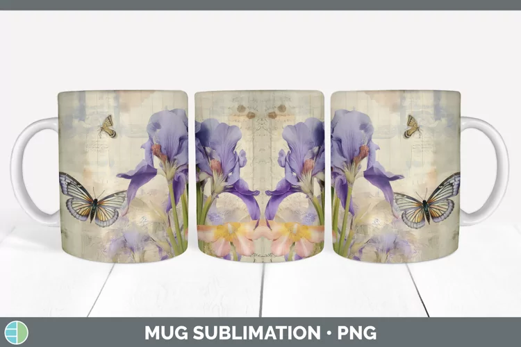 Vintage Iris Flowers Mug Wrap | Sublimation Coffee Cup Desig