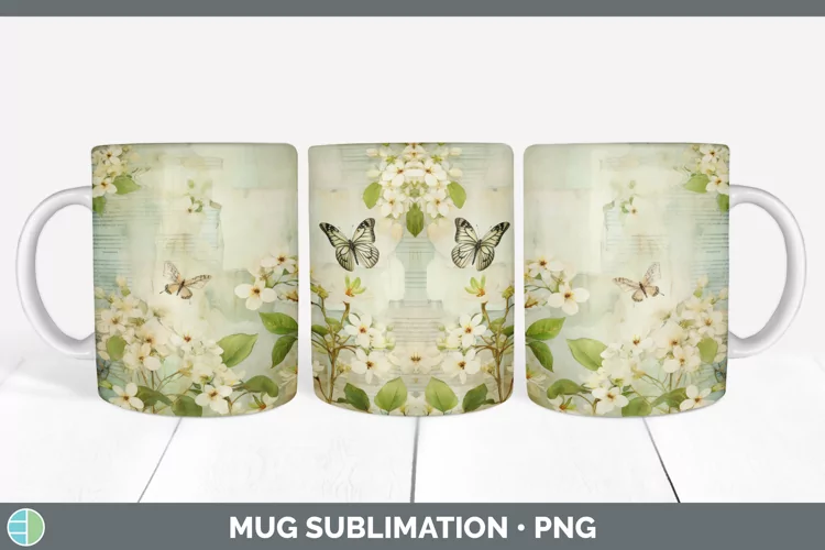 Vintage Jasmine Flowers Mug Wrap | Sublimation Coffee Cup De