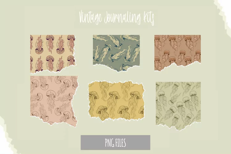 Vintage Jellyfish Seamless Pattern Torn Paper
