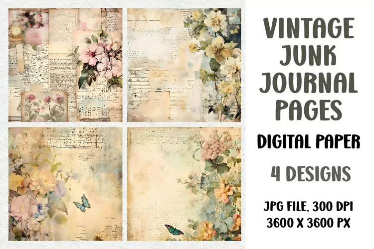 Vintage Junk Journal Pages, Digital Paper