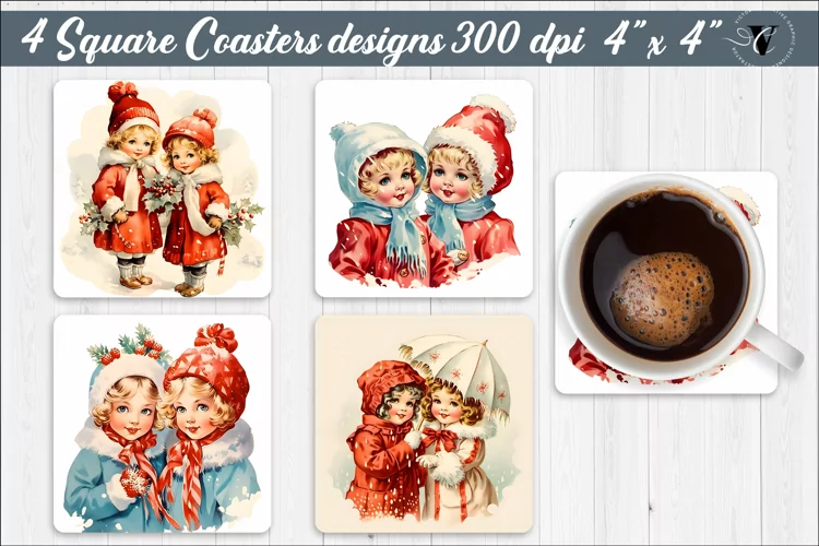 Vintage Christmas Square Coasters | Retro Kids