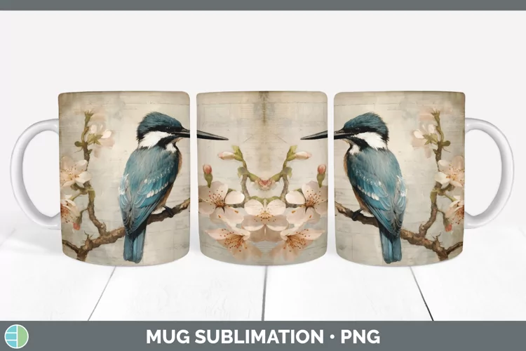 Vintage Kingfisher Bird Mug Wrap | Sublimation Coffee Cup De