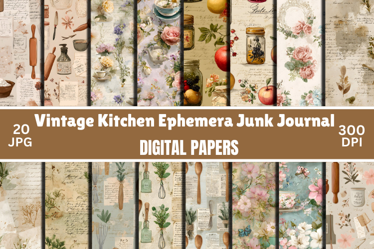 Vintage Kitchen Ephemera Junk Journal Digital Paper Pack JPG