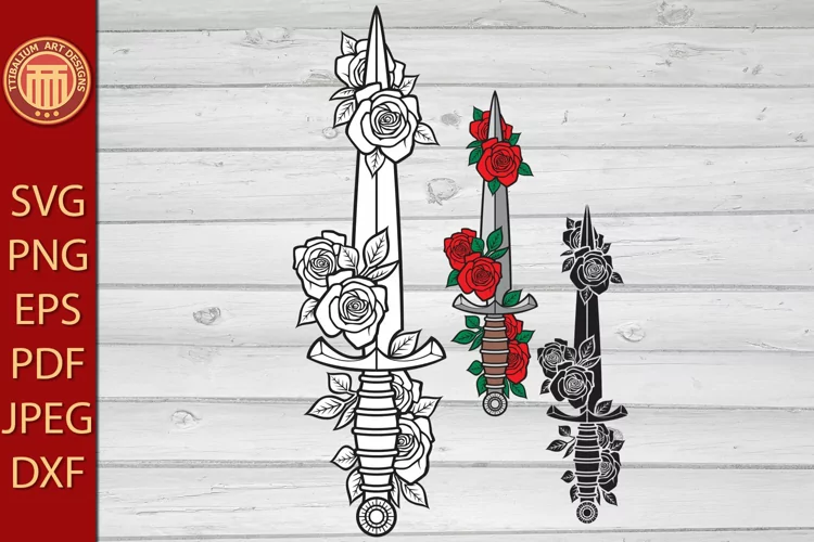 Vintage Sword or Knife with Roses - eps, svg, pdf, png files