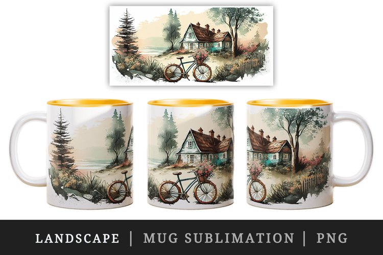 Vintage landscape mug, cup wrap sublimation design png