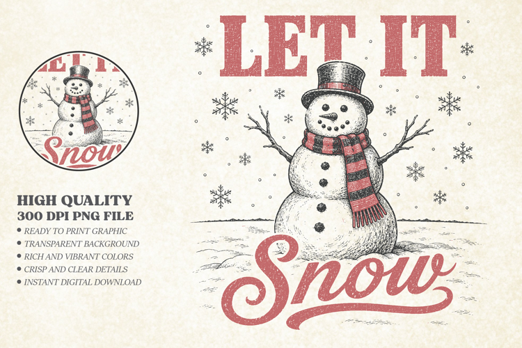 Vintage Let It Snow Christmas Design PNG, Winter Snowman PNG