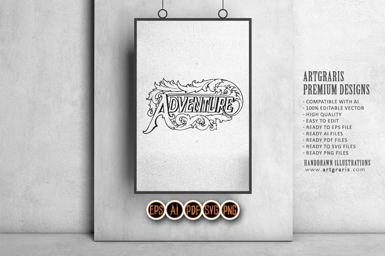 Vintage lettering adventure text with elegant frame swirl
