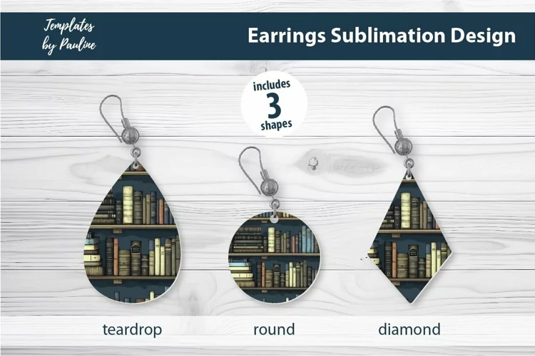 Vintage Library Book Earrings Sublimation Designs PNG
