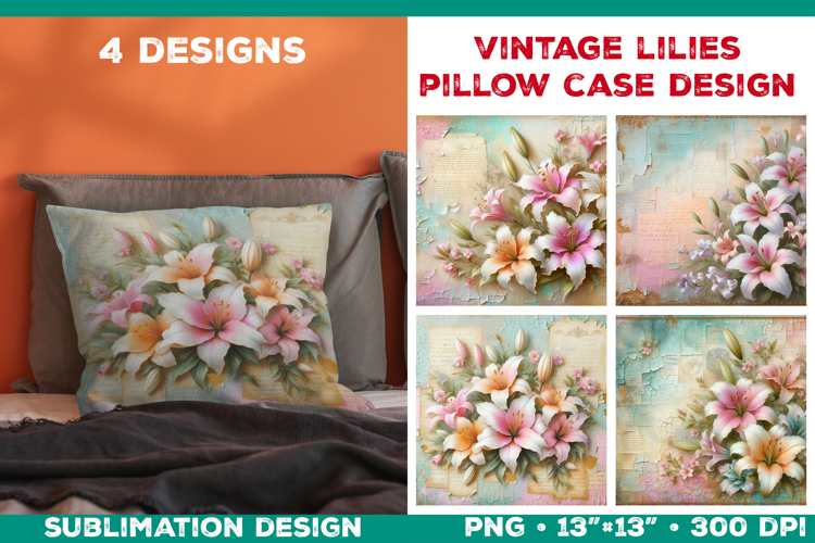 Vintage Lily Pillow Case Sublimation Design with Lilies