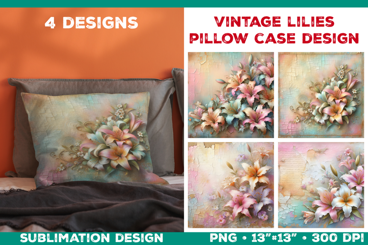Vintage Lily Pillow Case Sublimation Design with Lilies