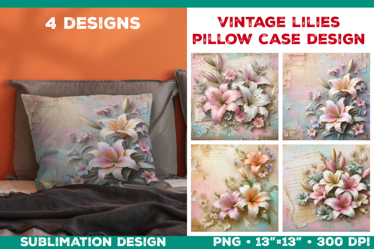 Vintage Lily Pillow Case Sublimation Design with Lilies