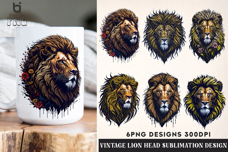 Vintage Lion Head Sublimation Design, Lion Mug Sublimation example image 1