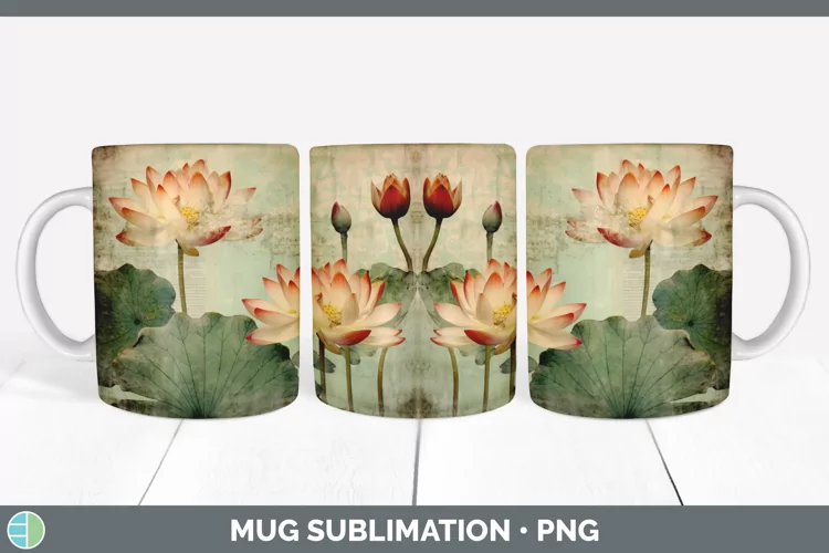Vintage Lotus Flowers Mug Wrap | Sublimation Coffee Cup Desi