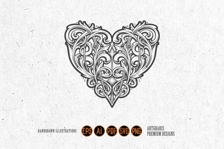Vintage love emblem classic heart ornament outline